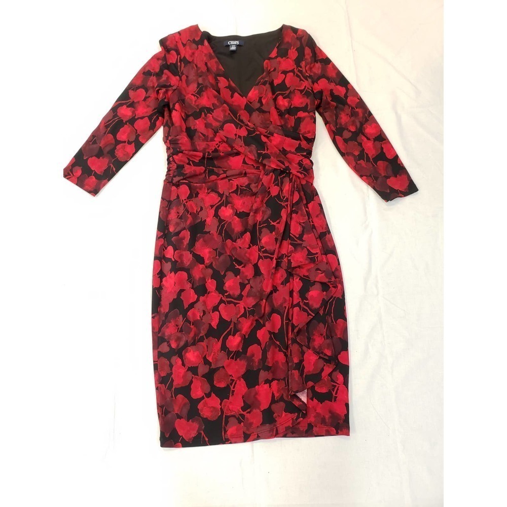 Chaps med 3/4 sleeves mock wrap dress. 23" waist to hem.